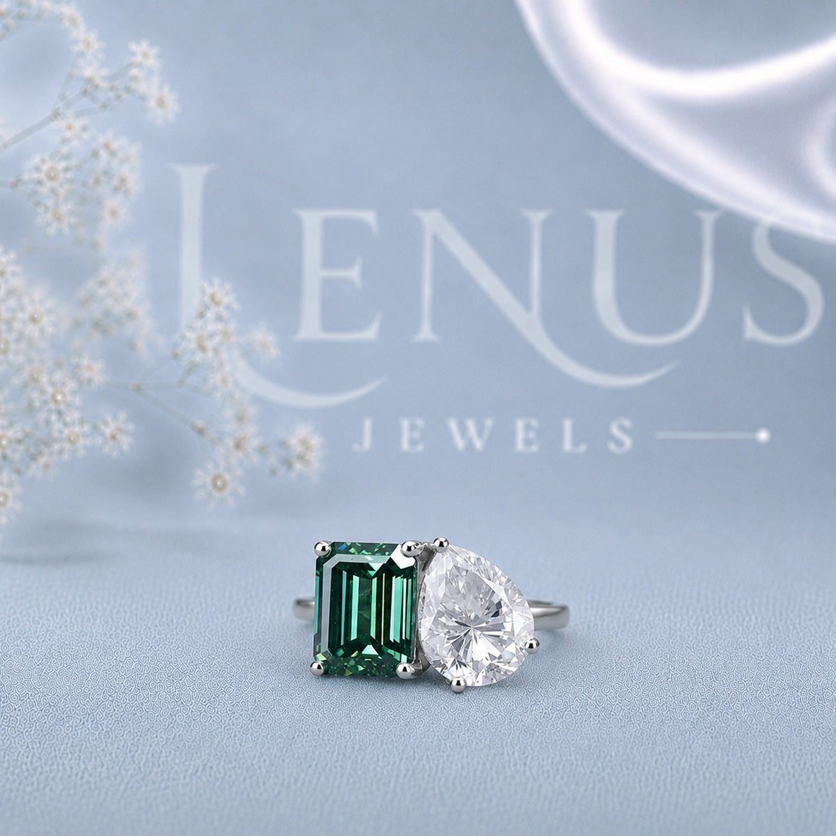 Green Emerald-Cut and Pear Moissanite Toi et Moi Ring – Two-Stone Engagement Ring in 925 Sterling Silver