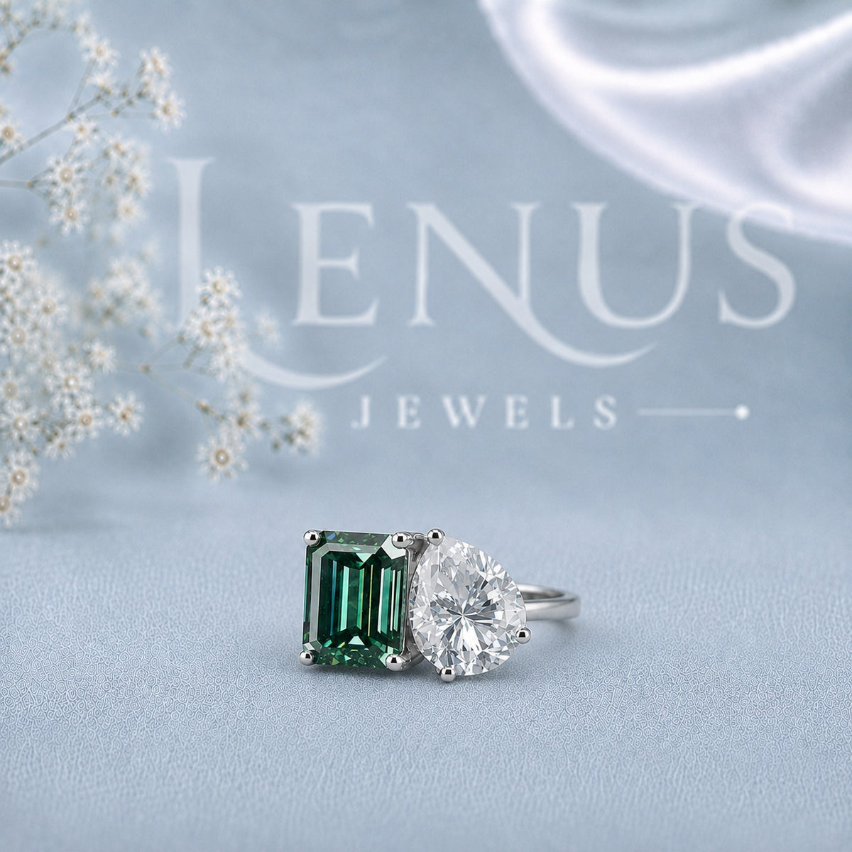 Green Emerald-Cut and Pear Moissanite Toi et Moi Ring – Two-Stone Engagement Ring in 925 Sterling Silver