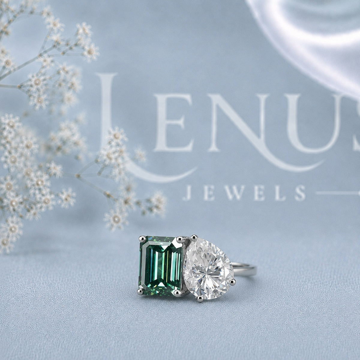 Green Emerald-Cut and Pear Moissanite Toi et Moi Ring – Two-Stone Engagement Ring in 925 Sterling Silver