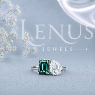 Green Emerald-Cut and Pear Moissanite Toi et Moi Ring – Two-Stone Engagement Ring in 925 Sterling Silver