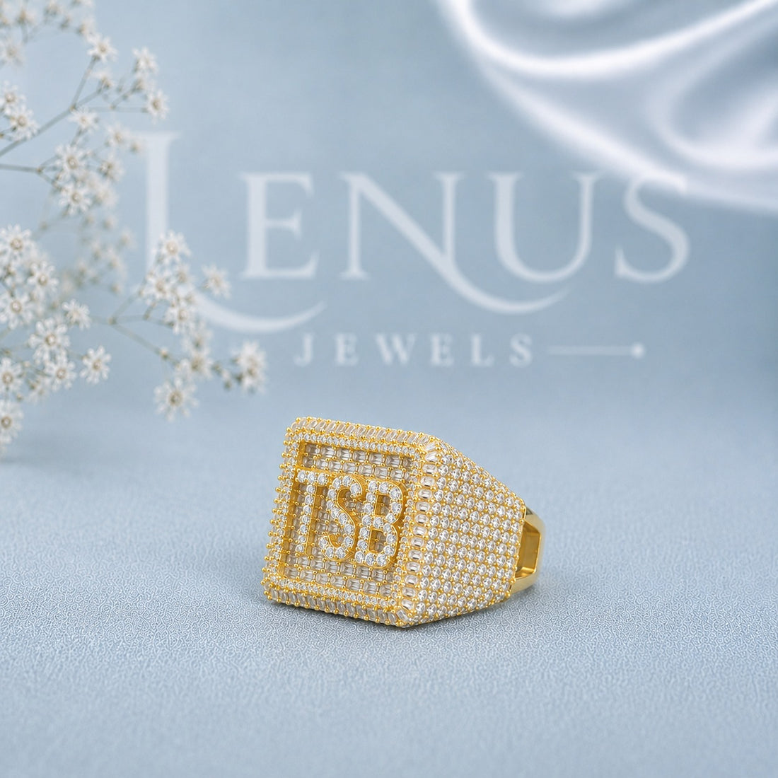Custom TSB Initial Moissanite Signet Ring – Iced-Out Square Monogram Ring in 925 Sterling Silver