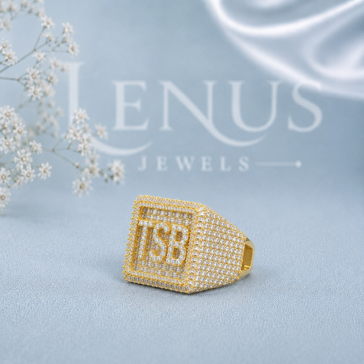Custom TSB Initial Moissanite Signet Ring – Iced-Out Square Monogram Ring in 925 Sterling Silver
