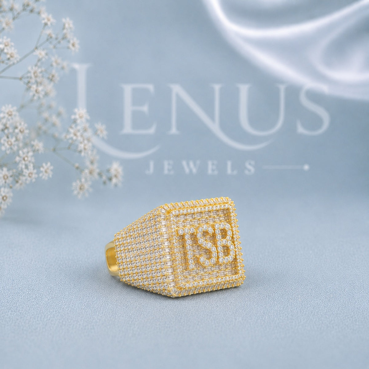 Custom TSB Initial Moissanite Signet Ring – Iced-Out Square Monogram Ring in 925 Sterling Silver