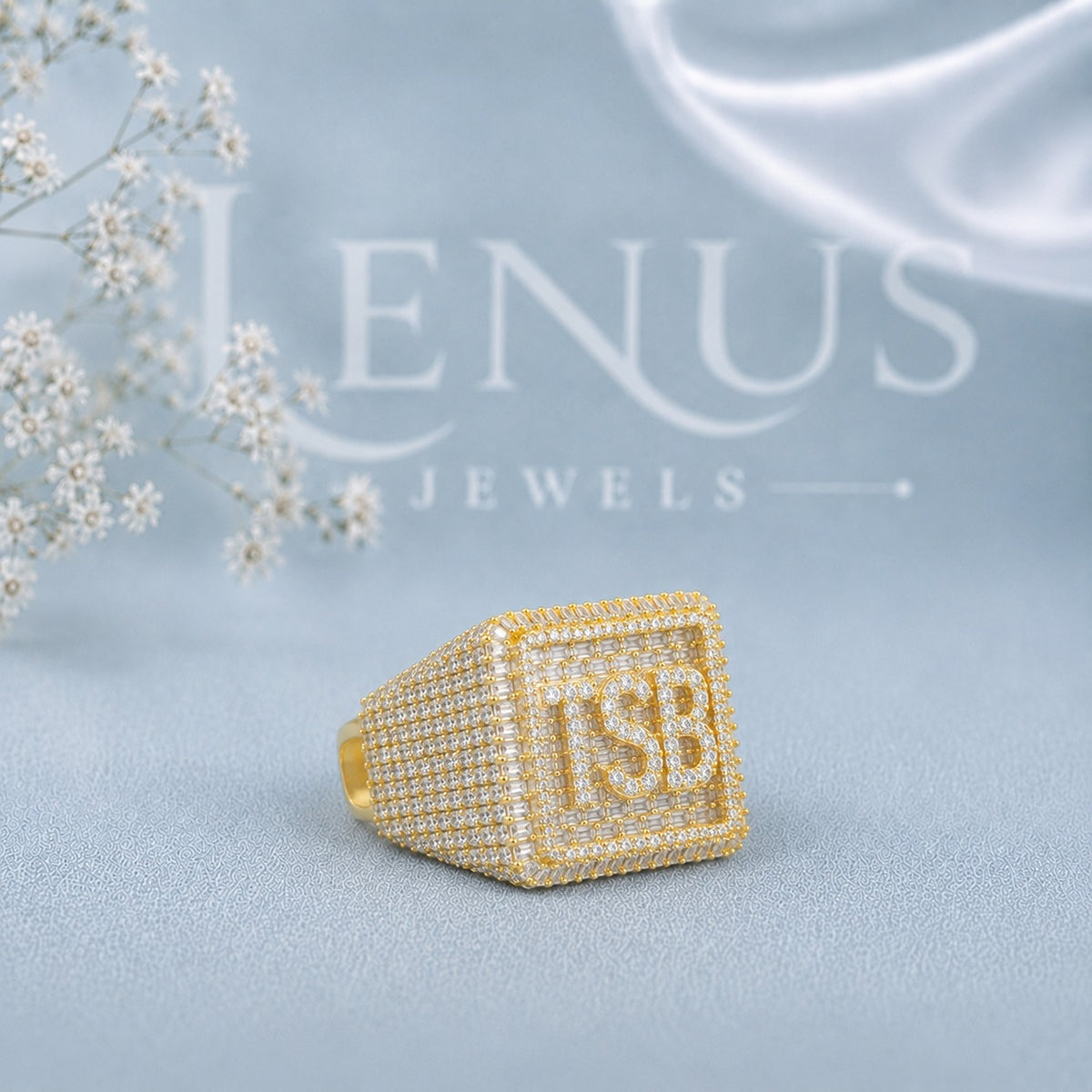 Custom TSB Initial Moissanite Signet Ring – Iced-Out Square Monogram Ring in 925 Sterling Silver