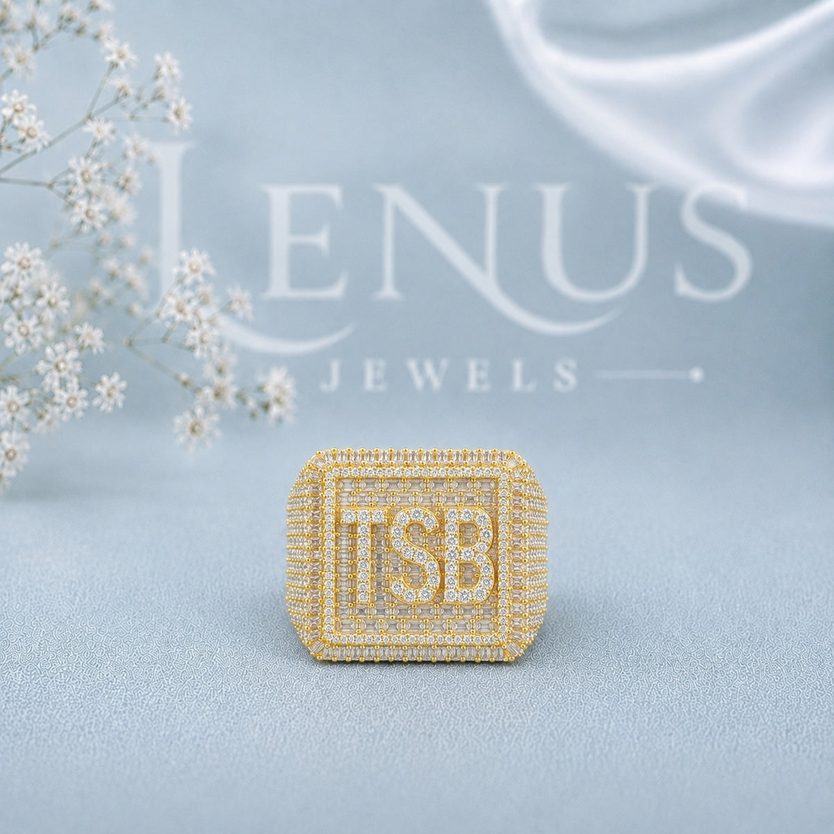 Custom TSB Initial Moissanite Signet Ring – Iced-Out Square Monogram Ring in 925 Sterling Silver