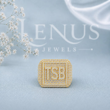 Custom TSB Initial Moissanite Signet Ring – Iced-Out Square Monogram Ring in 925 Sterling Silver