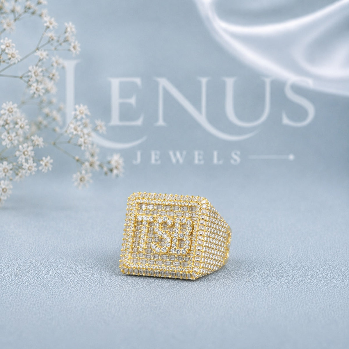 Custom TSB Initial Moissanite Signet Ring – Iced-Out Square Monogram Ring in 925 Sterling Silver