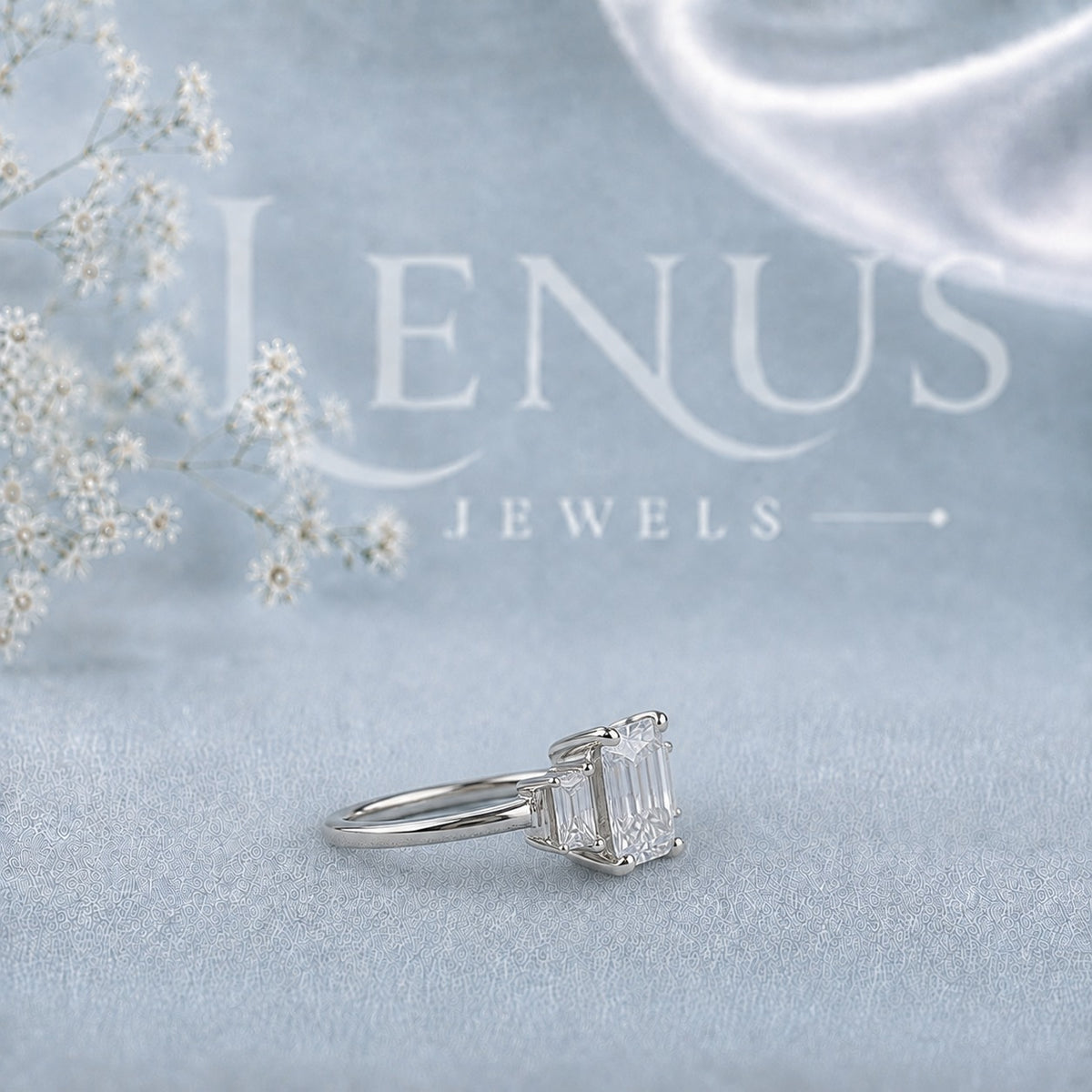 Emerald-Cut Moissanite Three-Stone Engagement Ring with Baguette Side Stones