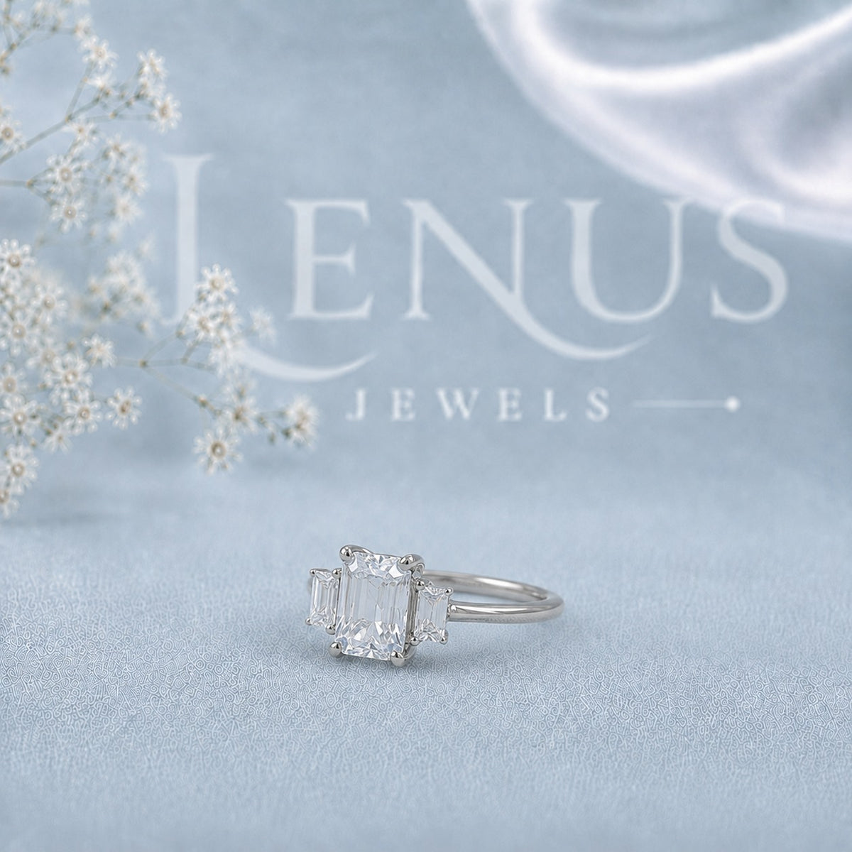 Emerald-Cut Moissanite Three-Stone Engagement Ring with Baguette Side Stones