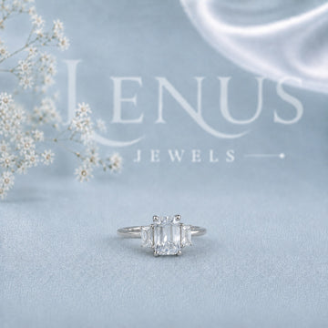 Emerald-Cut Moissanite Three-Stone Engagement Ring with Baguette Side Stones