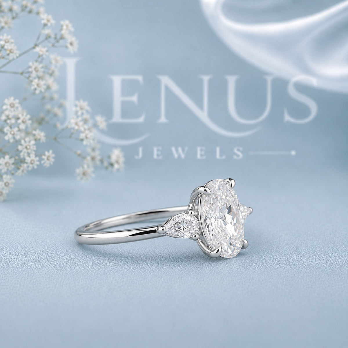 Oval Three-Stone Moissanite Engagement Ring – Pear Side Stones 925 Silver