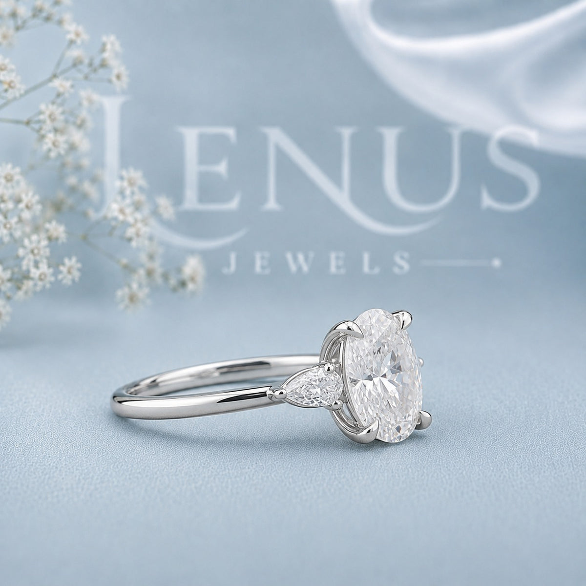 Oval Three-Stone Moissanite Engagement Ring – Pear Side Stones 925 Silver