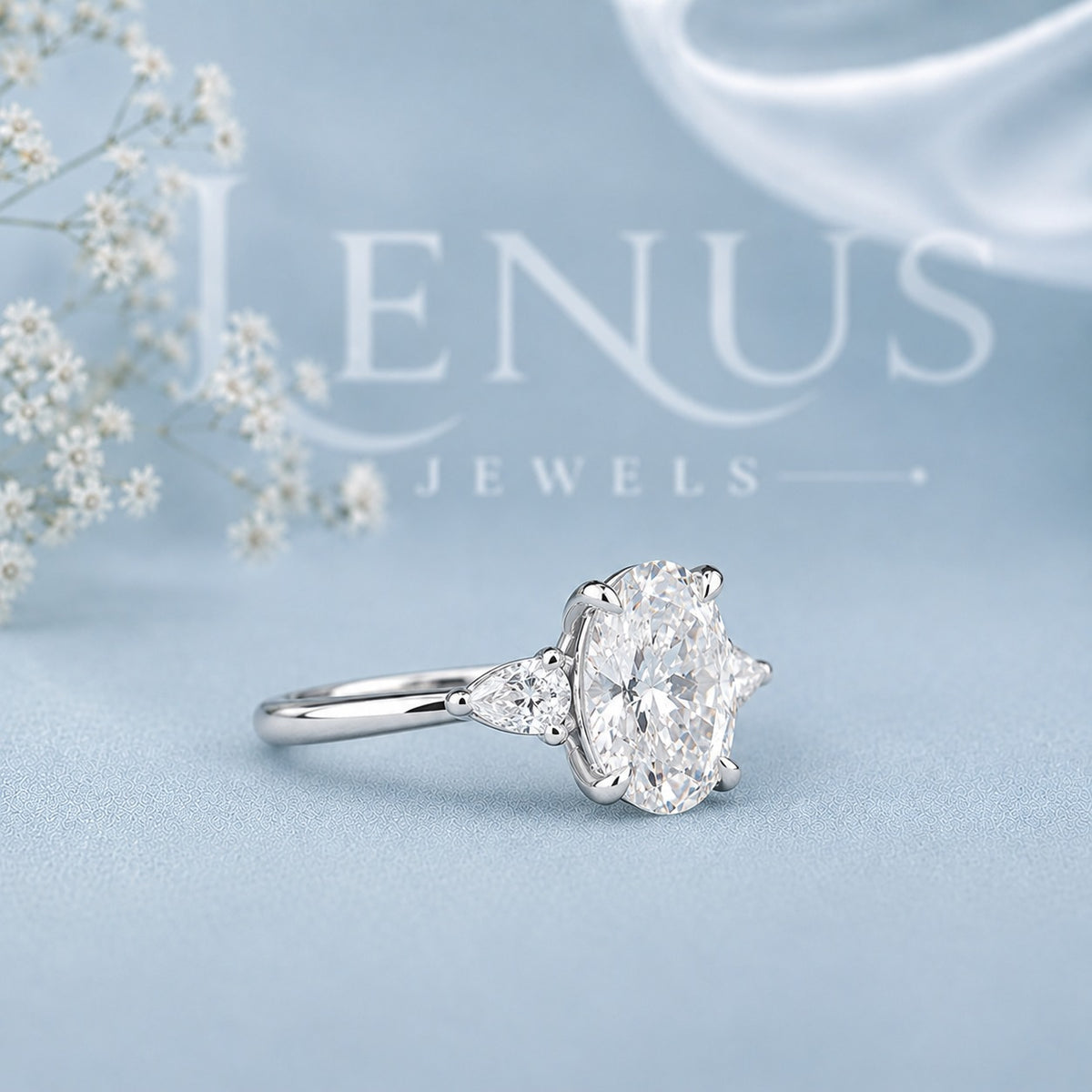 Oval Three-Stone Moissanite Engagement Ring – Pear Side Stones 925 Silver