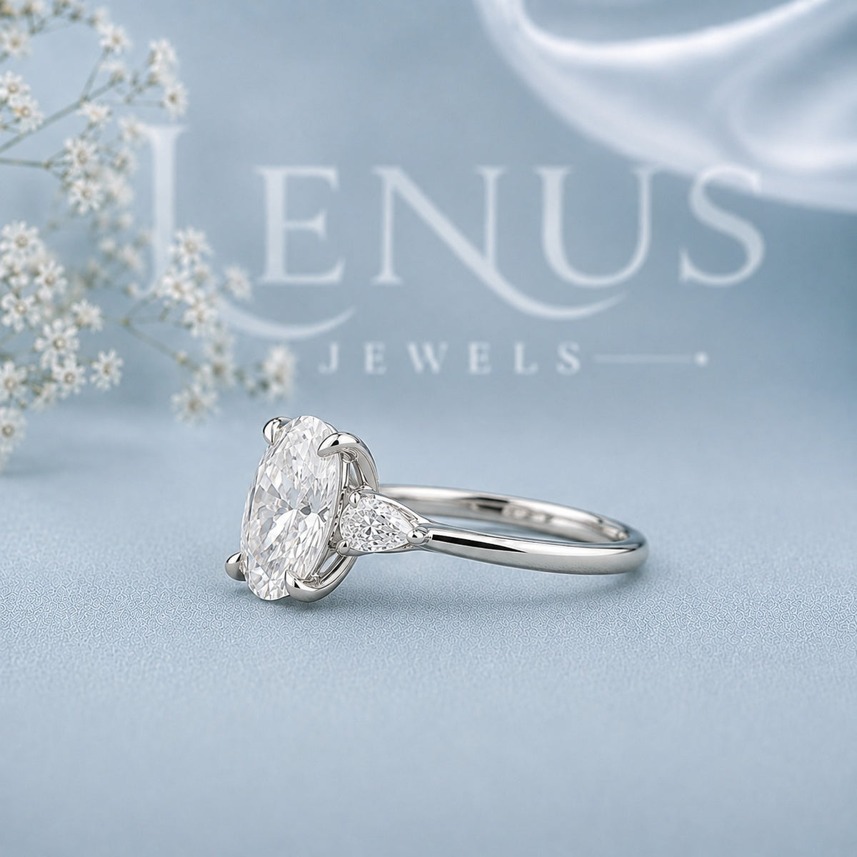 Oval Three-Stone Moissanite Engagement Ring – Pear Side Stones 925 Silver