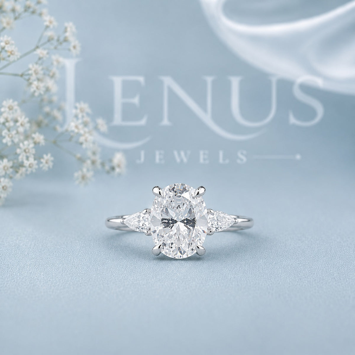 Oval Three-Stone Moissanite Engagement Ring – Pear Side Stones 925 Silver