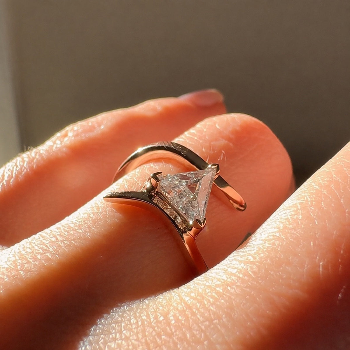 Trillion Cut Moissanite Bypass Ring – Rose Gold Triangle Statement Ring