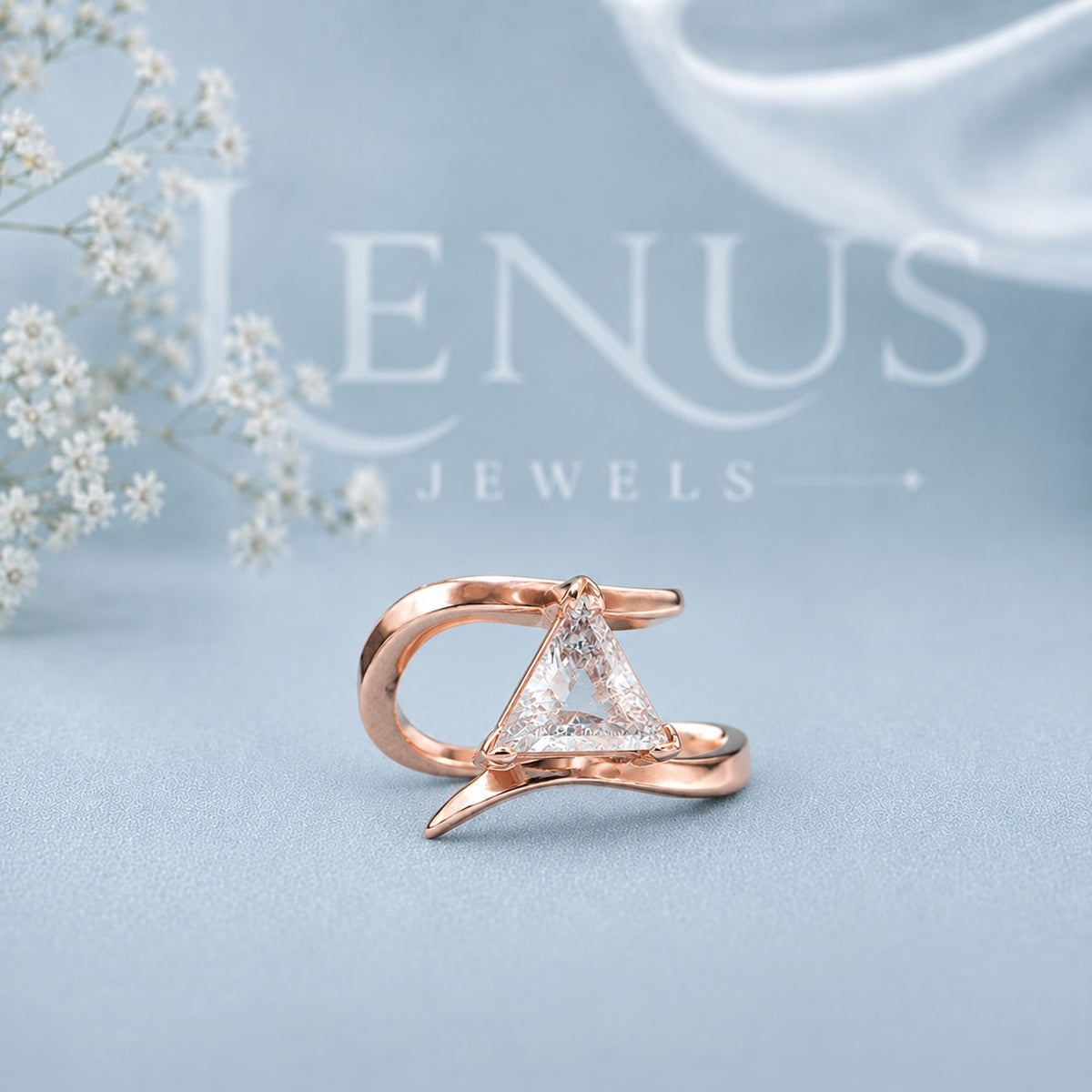 Trillion Cut Moissanite Bypass Ring – Rose Gold Triangle Statement Ring