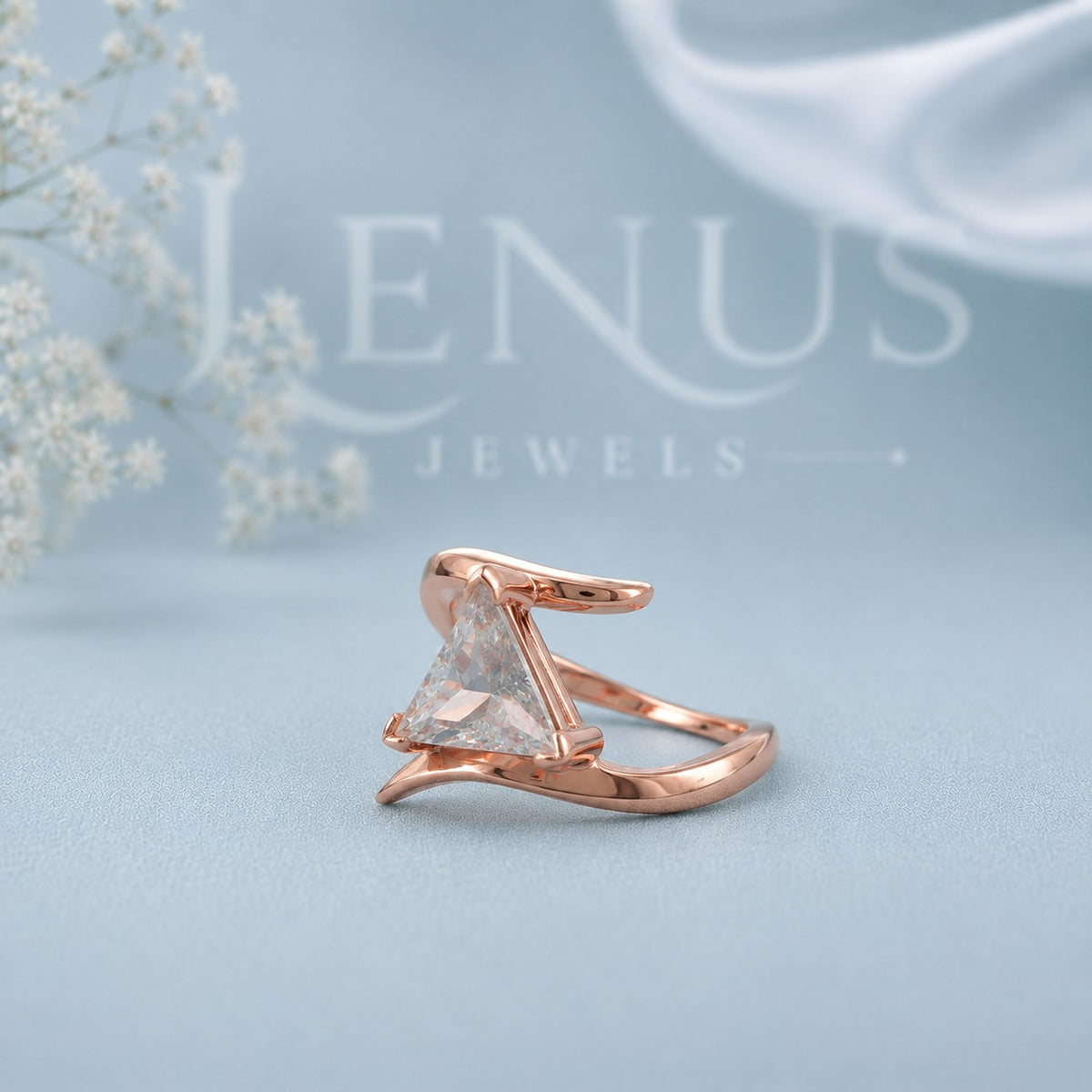 Trillion Cut Moissanite Bypass Ring – Rose Gold Triangle Statement Ring