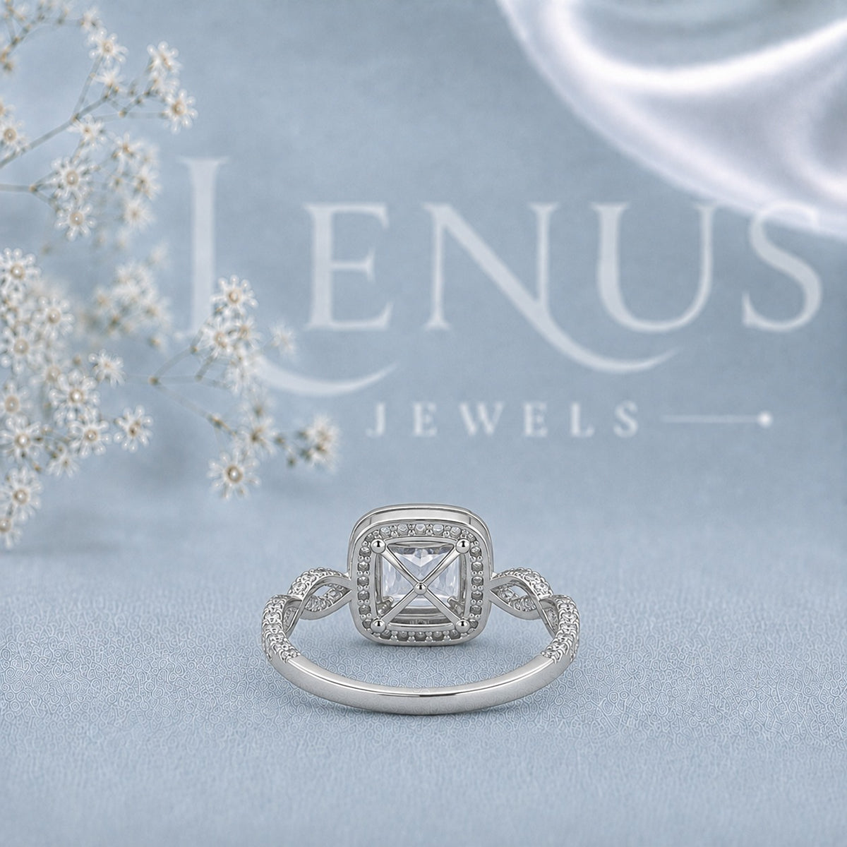 Princess-Cut Moissanite Halo Engagement Ring with Infinity Twist Pavé Band in 925 Silver