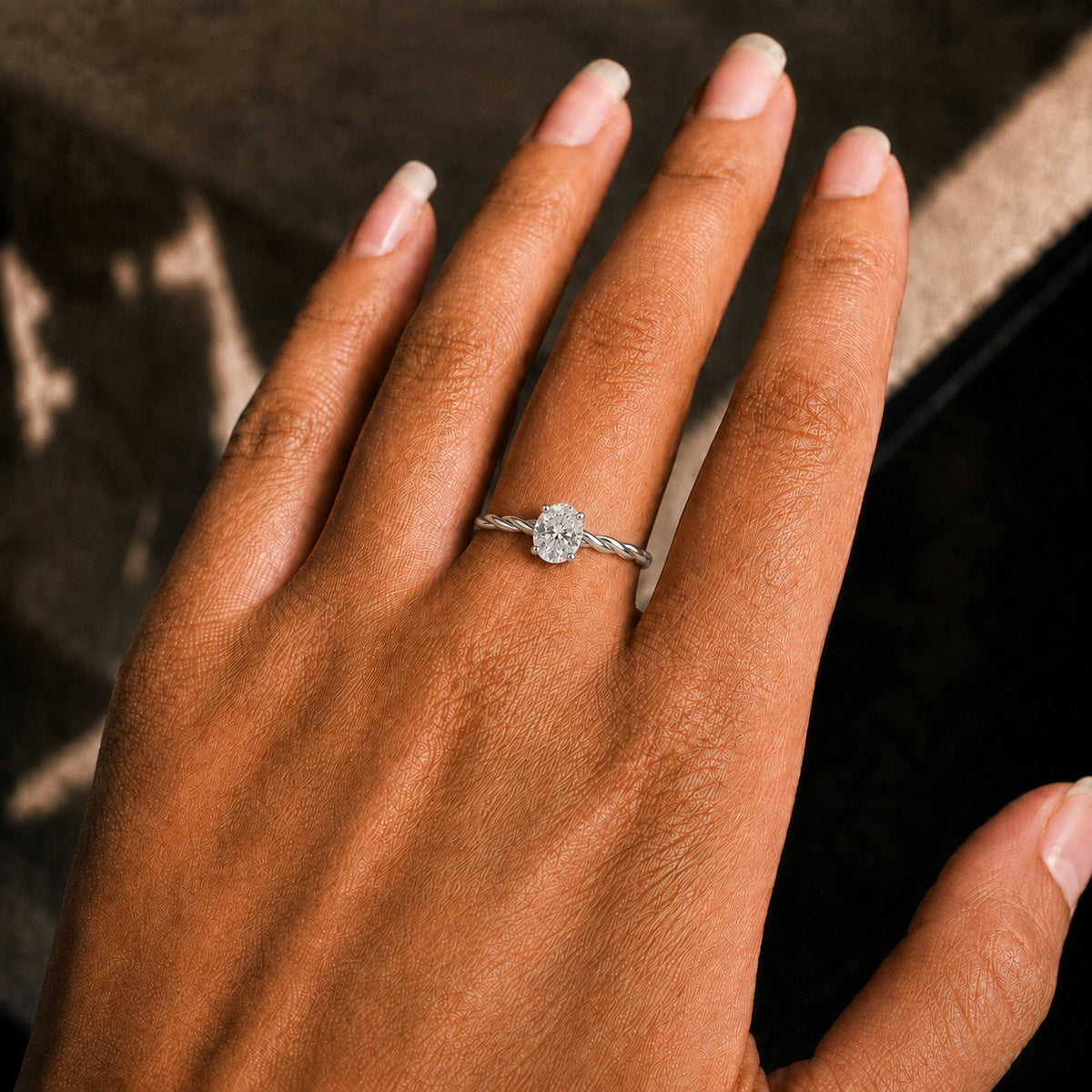 Oval Cut Moissanite Engagement Ring – Twisted Vine Solitaire Ring in Sterling Silver, Dainty Bridal Promise Ring for Women