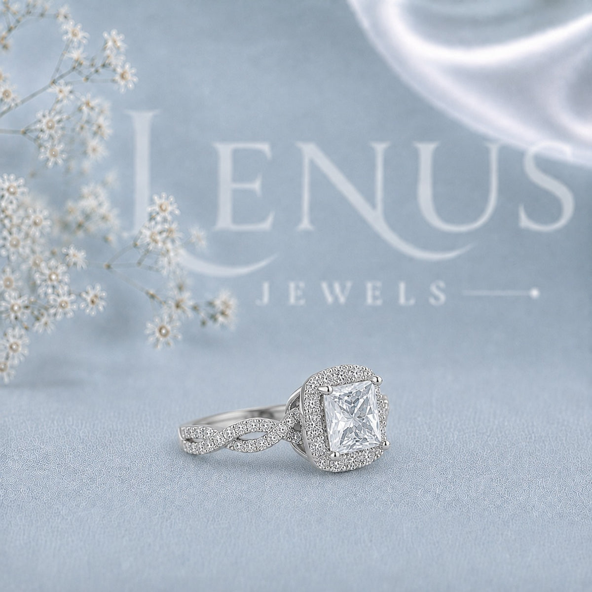 Princess-Cut Moissanite Halo Engagement Ring with Infinity Twist Pavé Band in 925 Silver