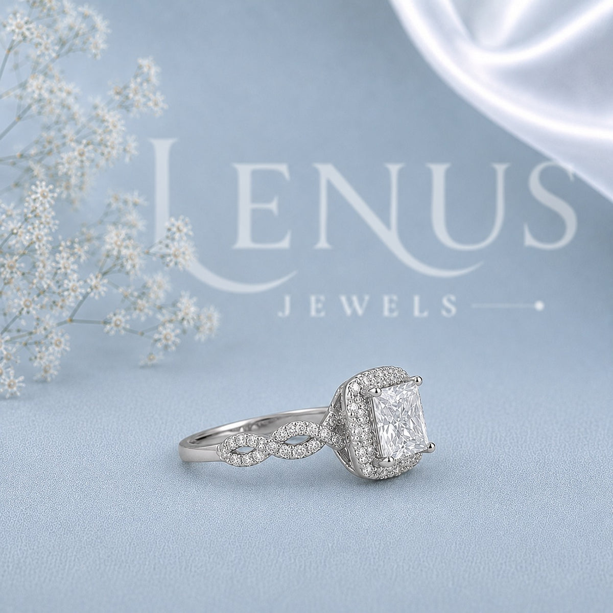 Princess-Cut Moissanite Halo Engagement Ring with Infinity Twist Pavé Band in 925 Silver