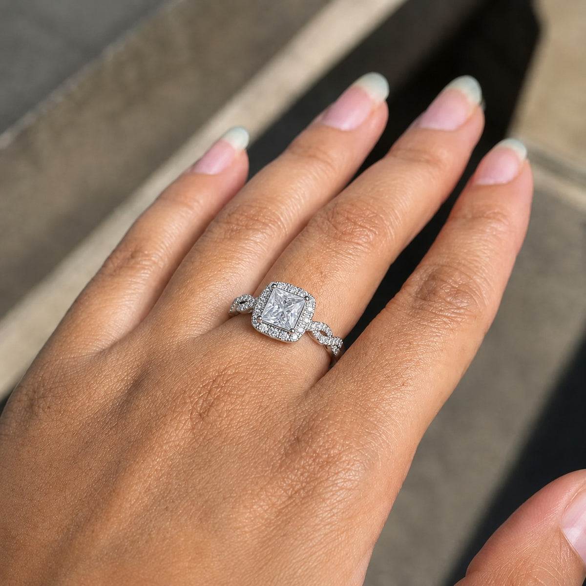 Princess-Cut Moissanite Halo Engagement Ring with Infinity Twist Pavé Band in 925 Silver