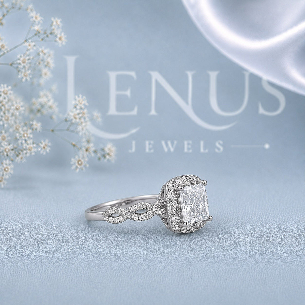 Princess-Cut Moissanite Halo Engagement Ring with Infinity Twist Pavé Band in 925 Silver