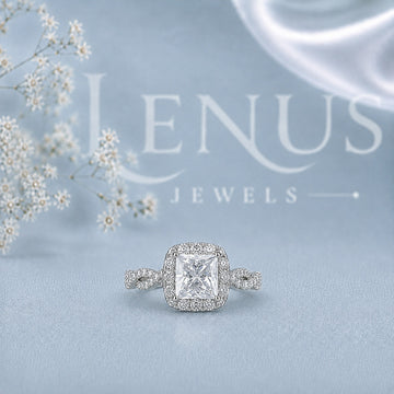 Princess-Cut Moissanite Halo Engagement Ring with Infinity Twist Pavé Band in 925 Silver