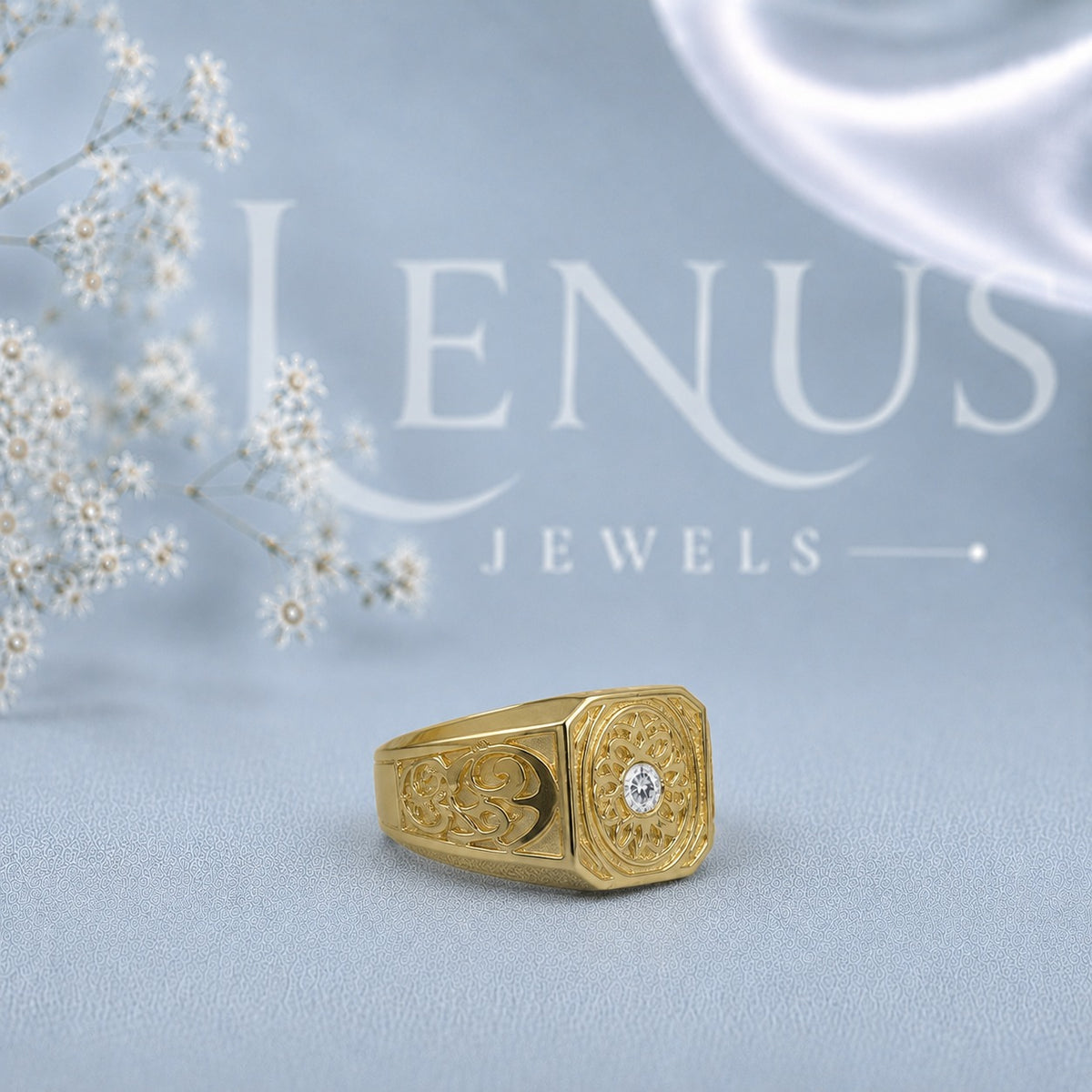 Men’s Oval Moissanite Signet Ring – Vintage Engraved Gold-Finish Statement Ring in 925 Sterling Silver