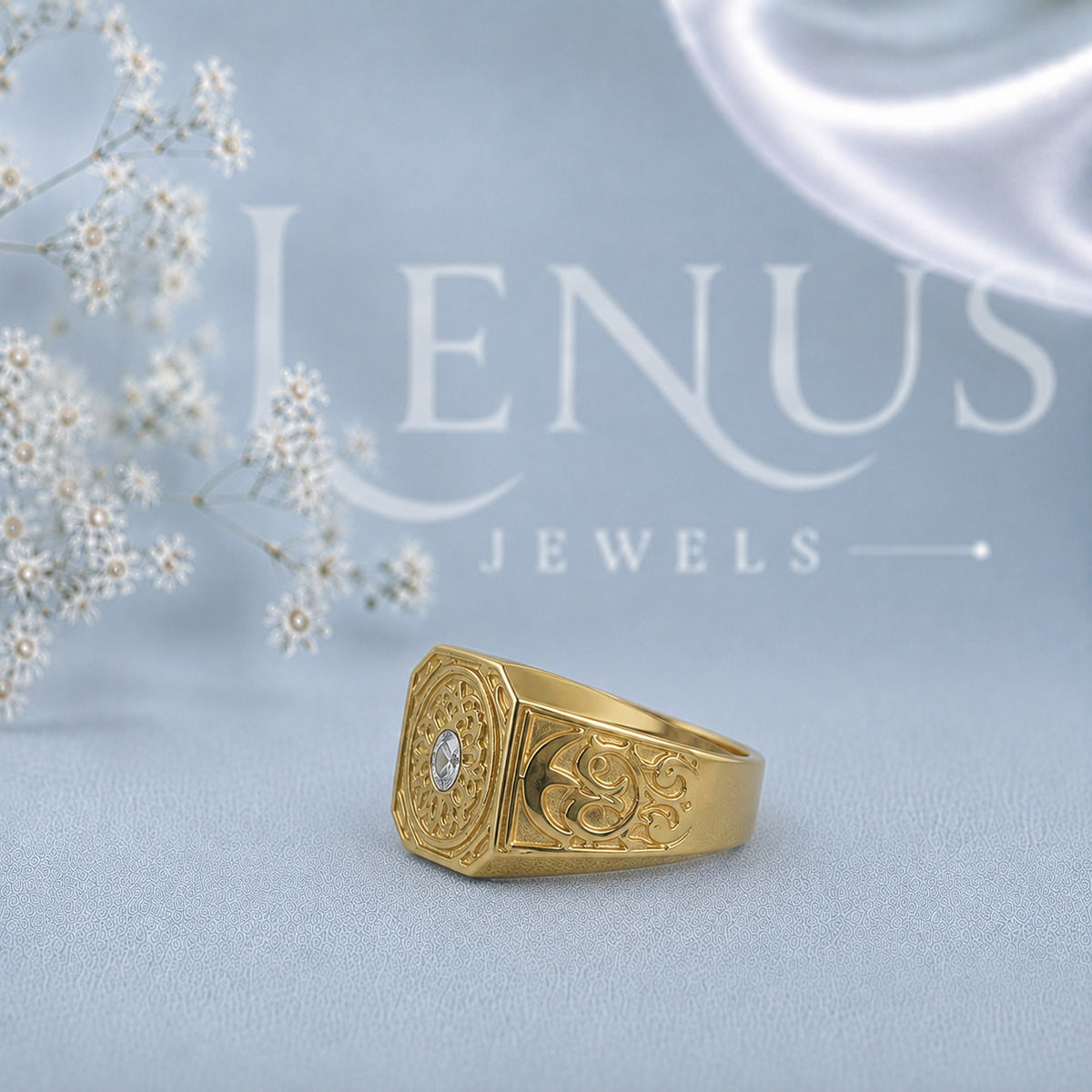 Men’s Oval Moissanite Signet Ring – Vintage Engraved Gold-Finish Statement Ring in 925 Sterling Silver