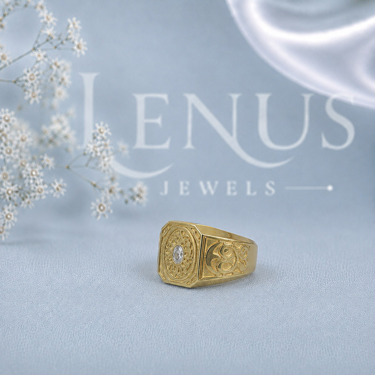 Men’s Oval Moissanite Signet Ring – Vintage Engraved Gold-Finish Statement Ring in 925 Sterling Silver