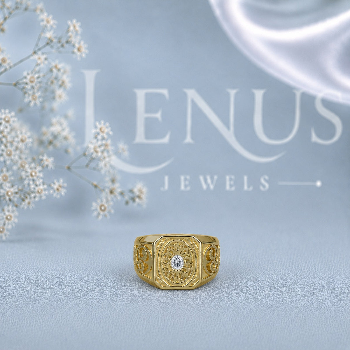 Men’s Oval Moissanite Signet Ring – Vintage Engraved Gold-Finish Statement Ring in 925 Sterling Silver