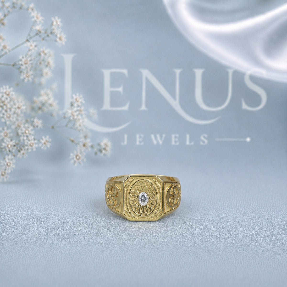 Men’s Oval Moissanite Signet Ring – Vintage Engraved Gold-Finish Statement Ring in 925 Sterling Silver