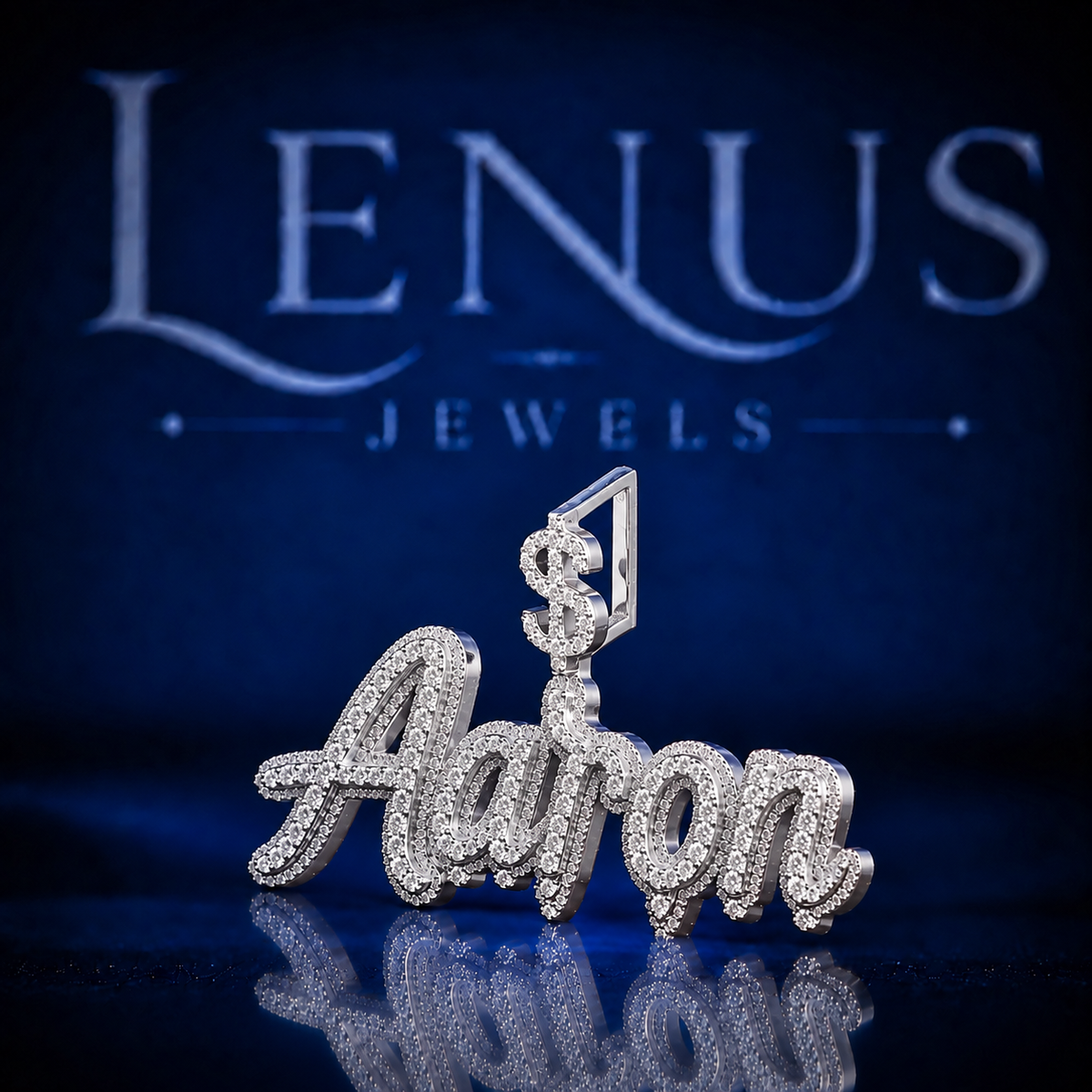 Aaron Iced Out VVS Moissanite Name Pendant – 925 Sterling Silver Custom Script Nameplate with Dollar Sign Bail, Hip Hop Jewelry