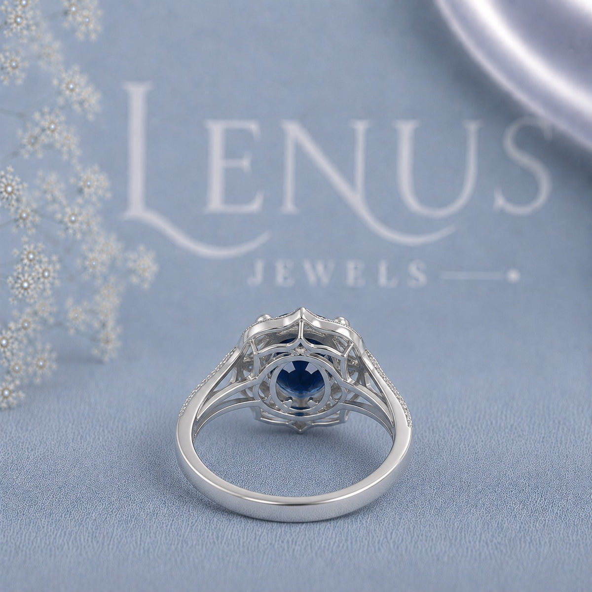 Royal Blue Round Moissanite Engagement Ring – Vintage Art Deco Halo Ring in 925 Sterling Silver