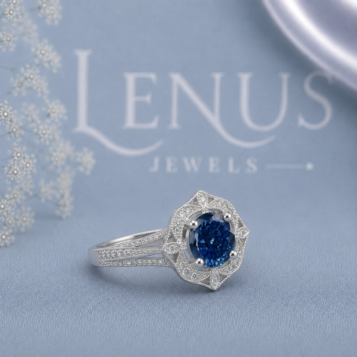 Royal Blue Round Moissanite Engagement Ring – Vintage Art Deco Halo Ring in 925 Sterling Silver