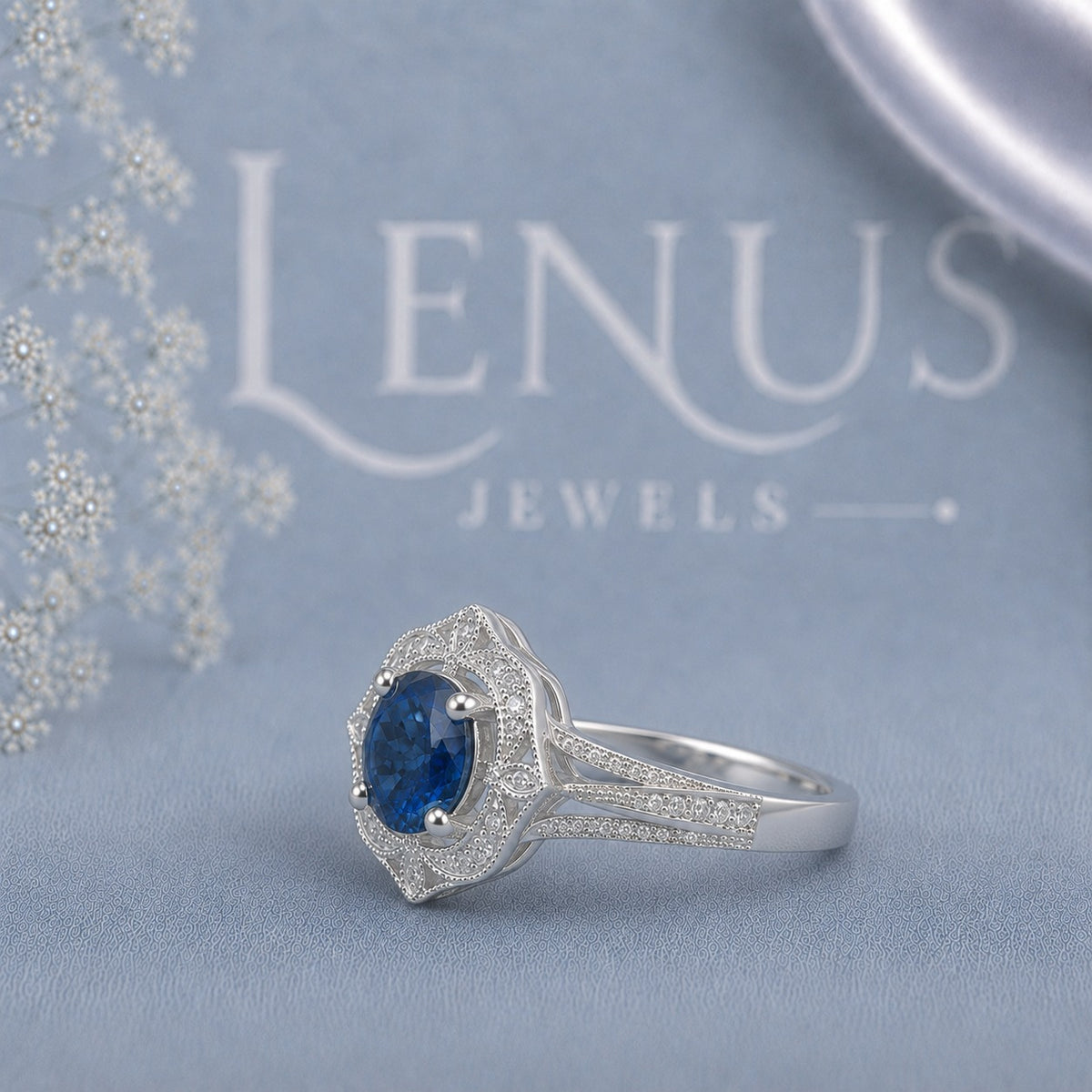 Royal Blue Round Moissanite Engagement Ring – Vintage Art Deco Halo Ring in 925 Sterling Silver
