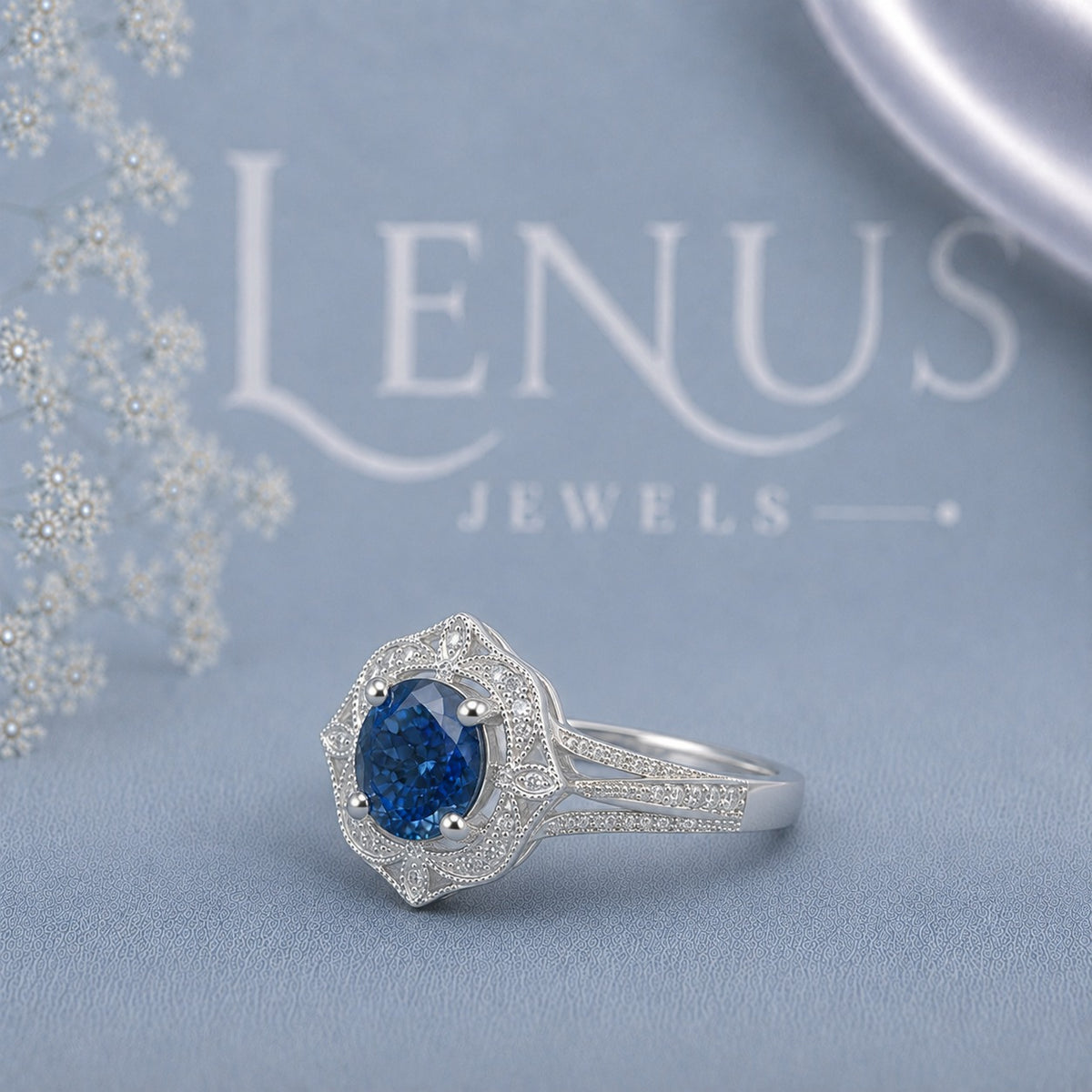 Royal Blue Round Moissanite Engagement Ring – Vintage Art Deco Halo Ring in 925 Sterling Silver