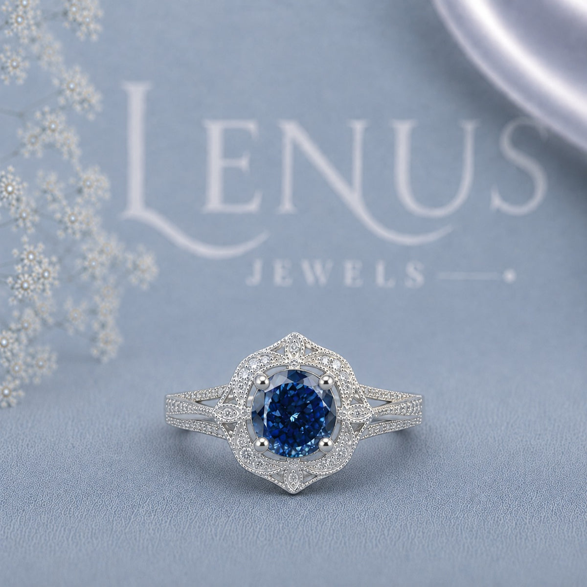 Royal Blue Round Moissanite Engagement Ring – Vintage Art Deco Halo Ring in 925 Sterling Silver