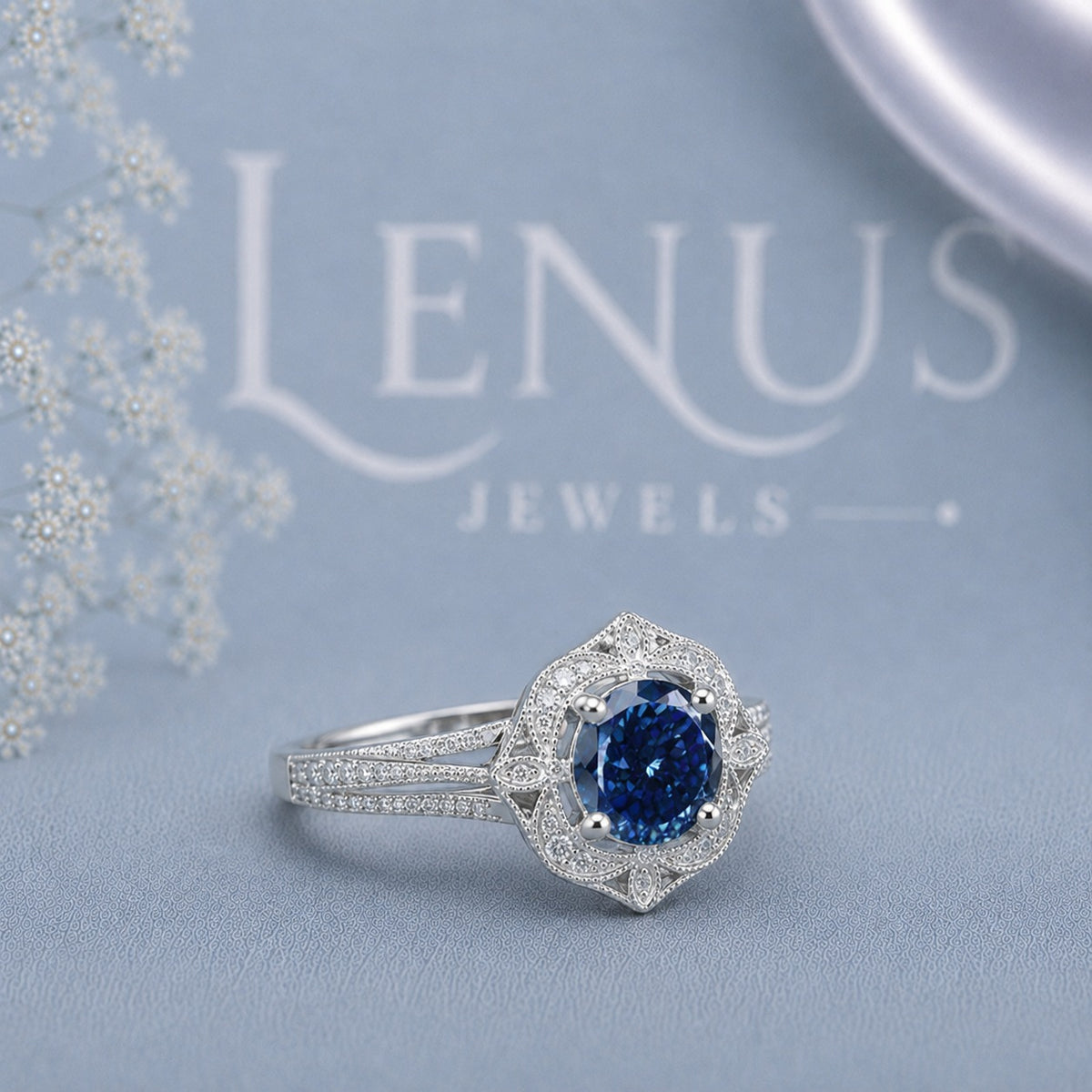 Royal Blue Round Moissanite Engagement Ring – Vintage Art Deco Halo Ring in 925 Sterling Silver