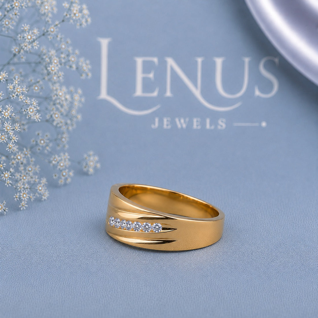 Yellow Gold Round Moissanite Diagonal Band Ring – Modern Wide 925 Sterling Silver Wedding Ring