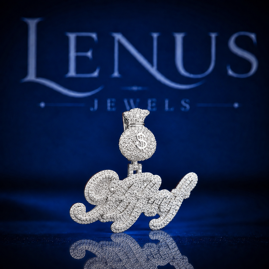 AFNF Iced Out VVS Moissanite Name Pendant – 925 Sterling Silver Money Bag Bail Hip Hop Script Pendant for Men & Women