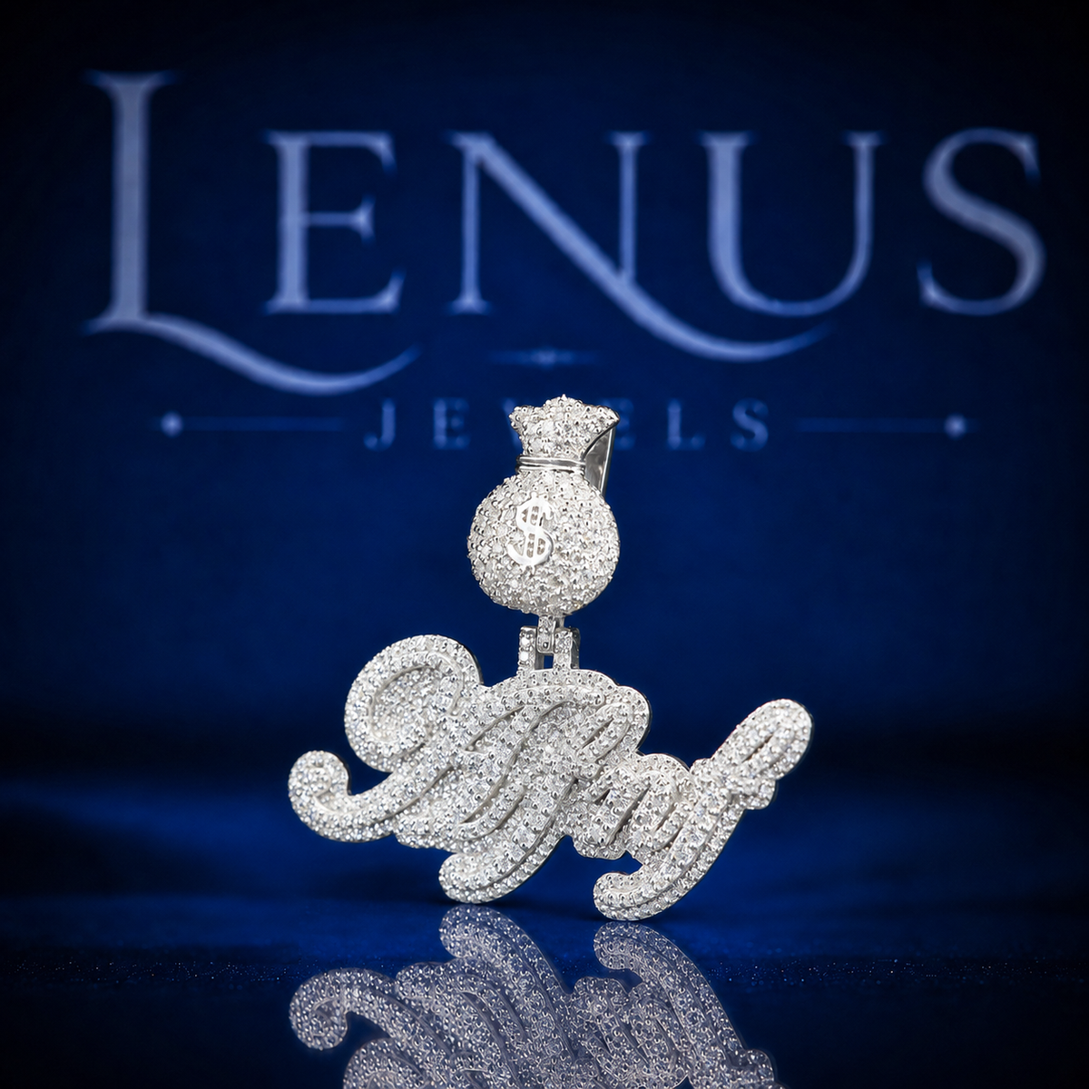 AFNF Iced Out VVS Moissanite Name Pendant – 925 Sterling Silver Money Bag Bail Hip Hop Script Pendant for Men & Women