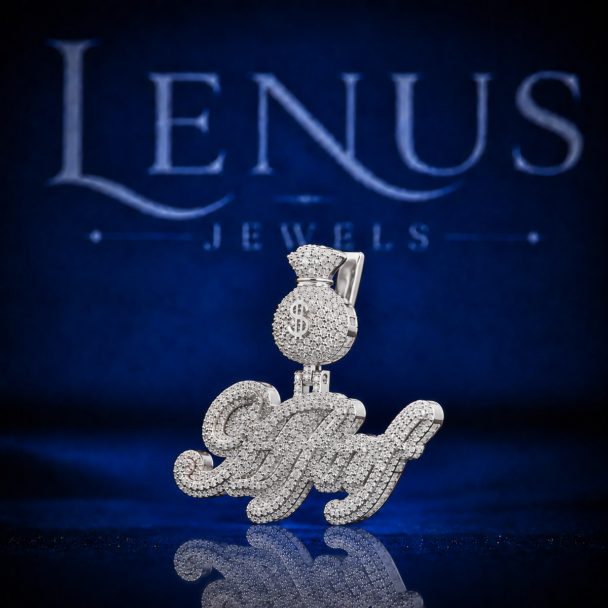 AFNF Iced Out VVS Moissanite Name Pendant – 925 Sterling Silver Money Bag Bail Hip Hop Script Pendant for Men & Women