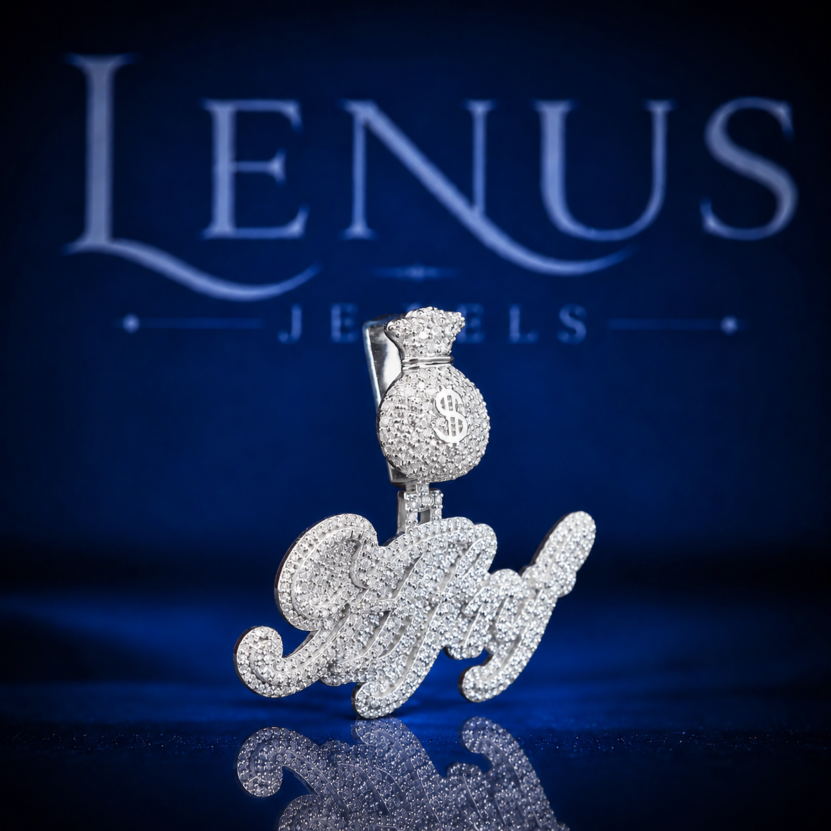 AFNF Iced Out VVS Moissanite Name Pendant – 925 Sterling Silver Money Bag Bail Hip Hop Script Pendant for Men & Women