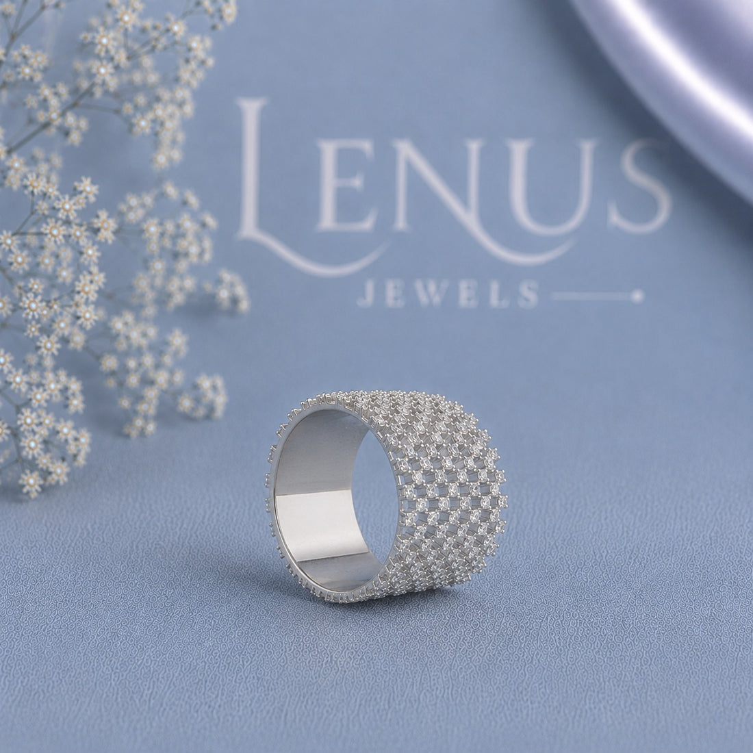 Iced-Out Moissanite Wide Band Ring – Checkerboard Grid 925 Sterling Silver Statement Ring