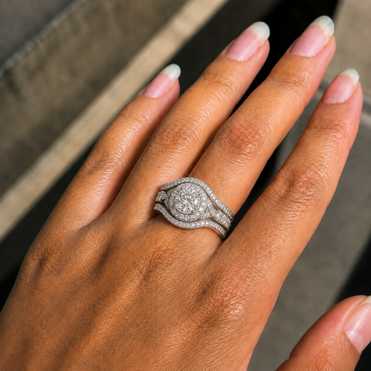 Round Moissanite Bridal Ri\ng Set – Halo Engagement Ring with Double Curved Wedding Bands in 925 Sterling Silver