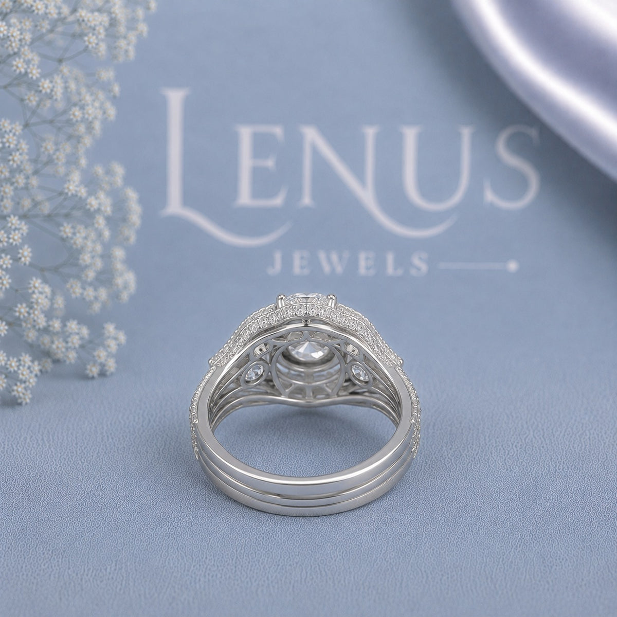 Round Moissanite Bridal Ri\ng Set – Halo Engagement Ring with Double Curved Wedding Bands in 925 Sterling Silver