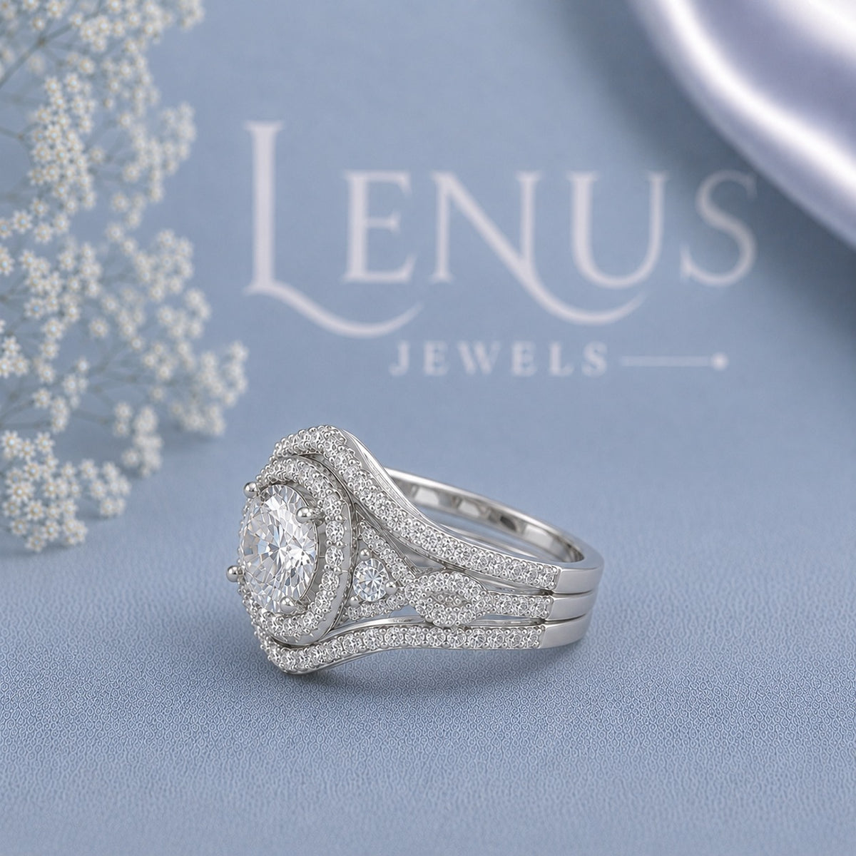 Round Moissanite Bridal Ri\ng Set – Halo Engagement Ring with Double Curved Wedding Bands in 925 Sterling Silver